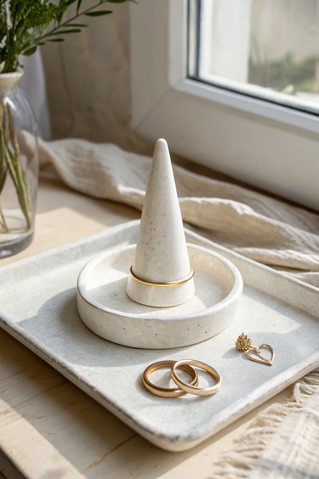 Minimal white clay ring cone and dish set for a serene Scandi boho bathroom tray styling.