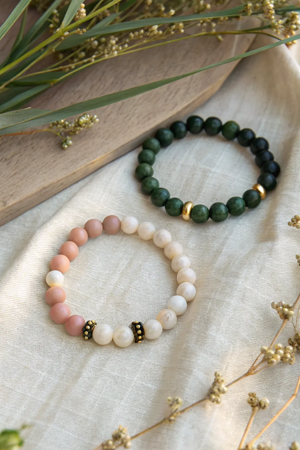 Besties bracelet duo in pink and white plus green and black, minimal boho on neutral linen