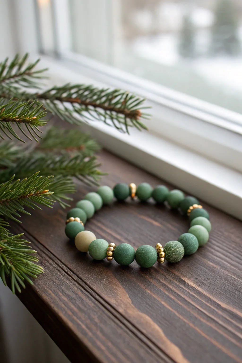 Evergreen clay bead bracelet with gold spacers, cozy winter minimalism on dark wood.
