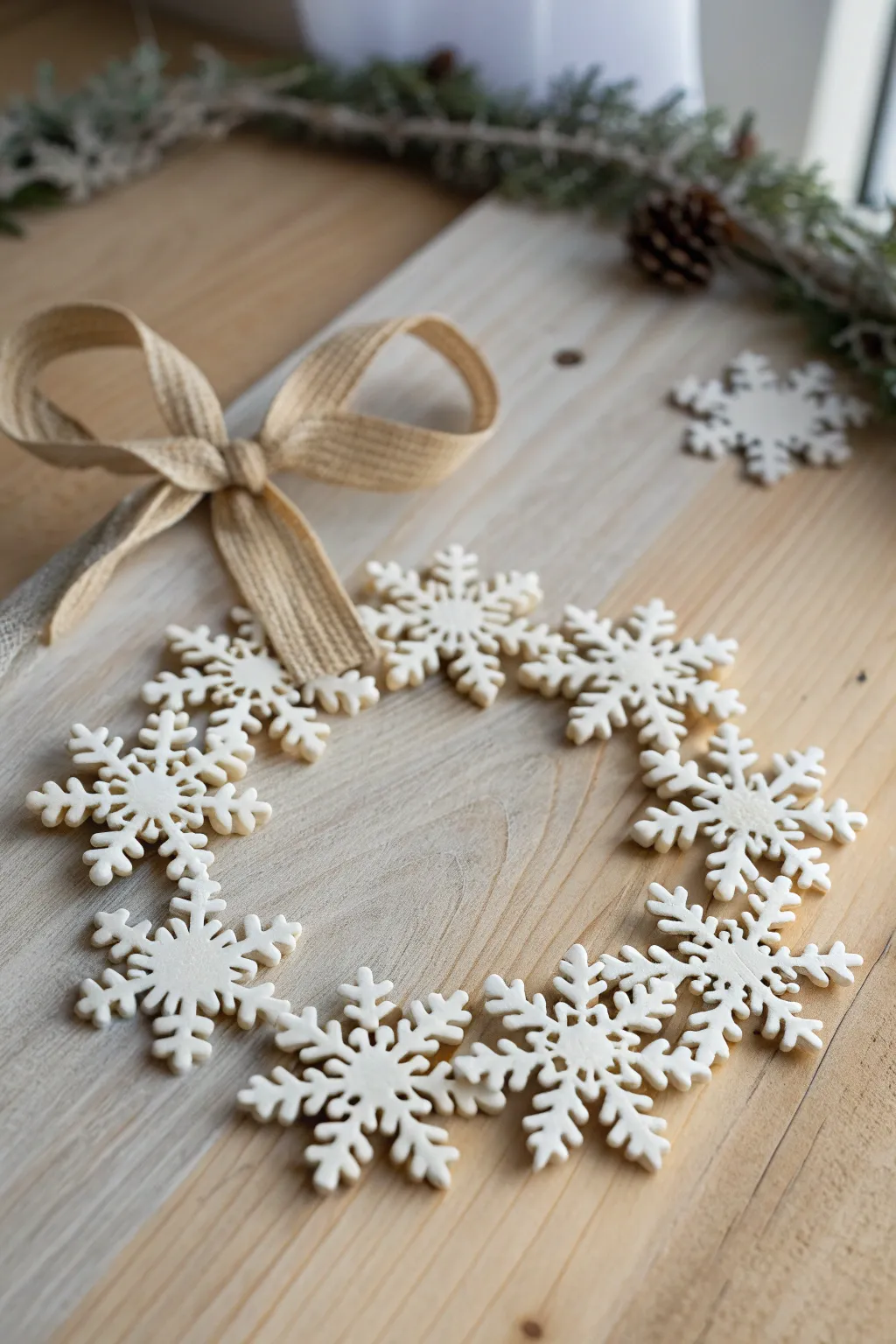 Minimalist clay snowflake wreath tiles with a linen bow, styled on pale wood for winter decor