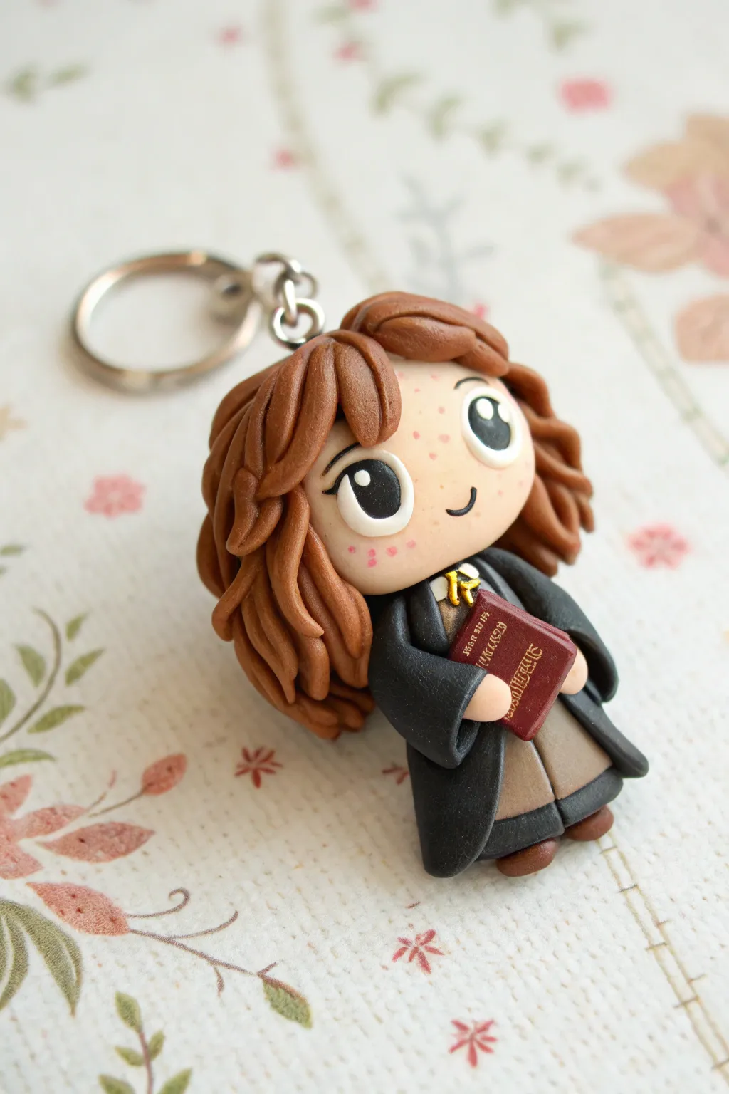 Chibi wizard school bestie charm in polymer clay, minimal boho styling and soft Nordic light
