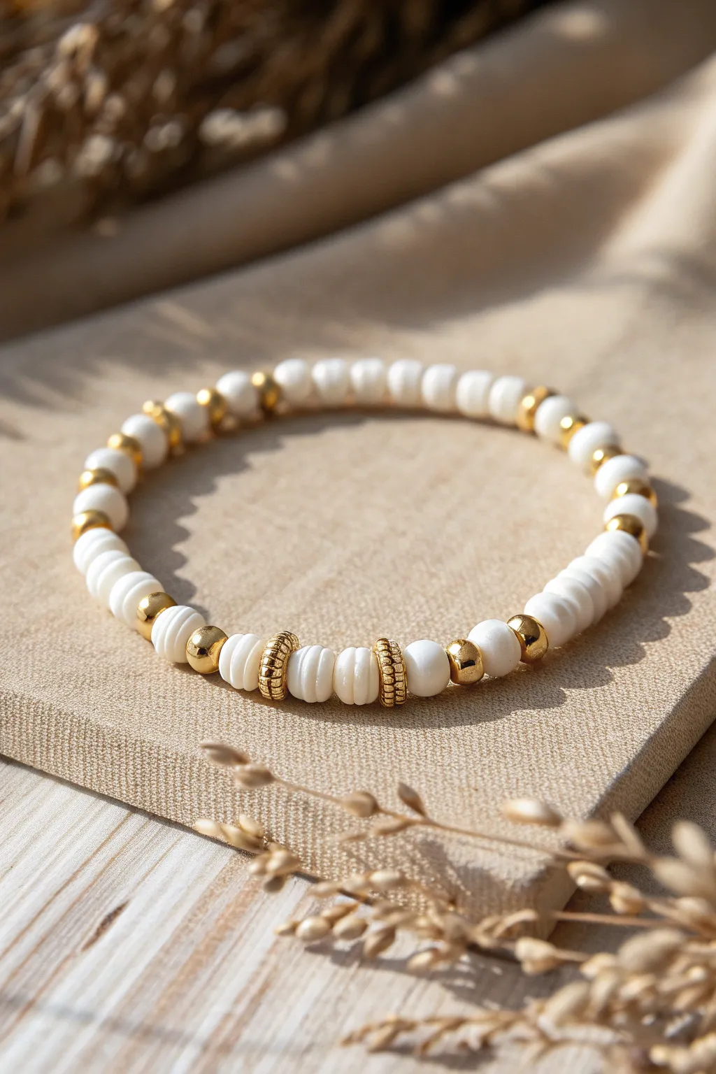 Clean white heishi clay beads with gold spacers for a simple, polished everyday bracelet