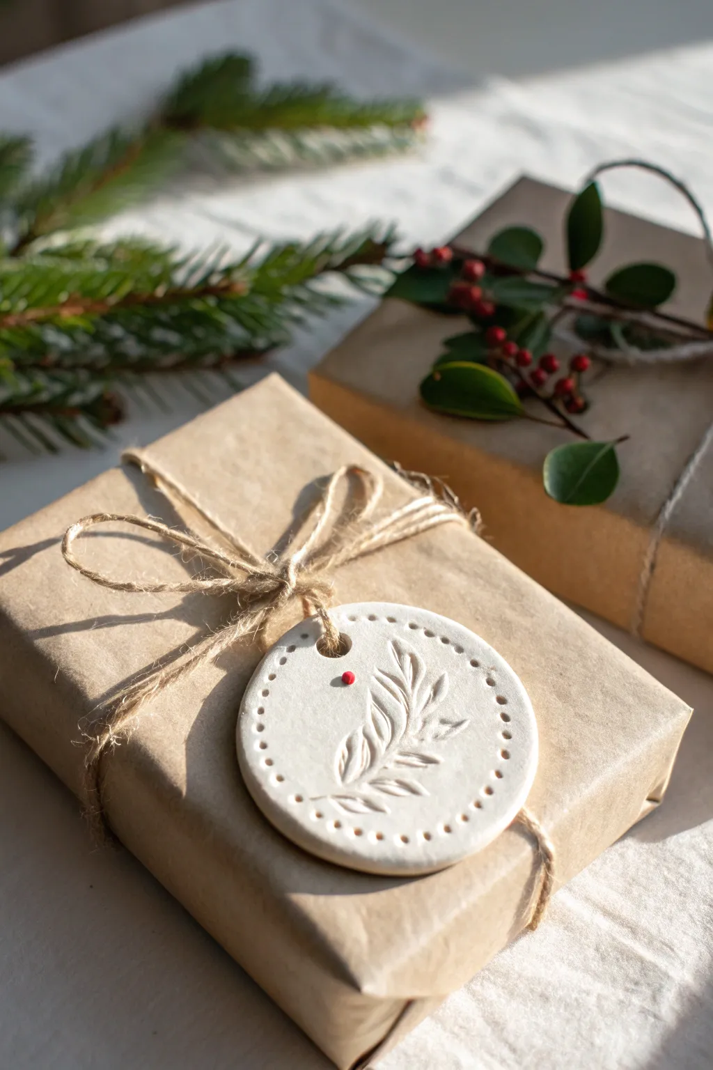 Handmade clay Christmas gift tag with tiny holly detail, tied with twine for a simple Scandi look.