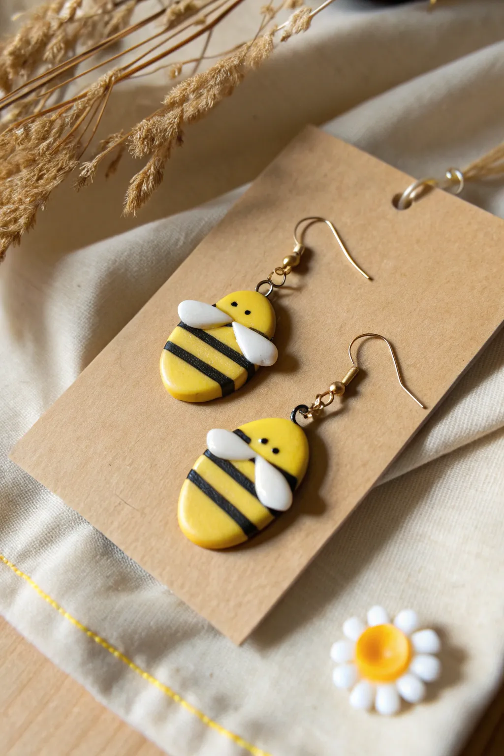 Minimalist bee stripe earrings in sunny yellow and black, a cute wearable polymer clay idea