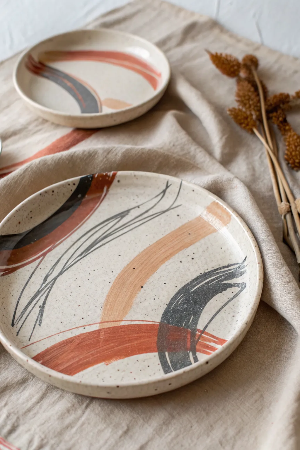 Abstract brushstroke plates that feel like tiny canvases, minimalist, modern, handmade charm.