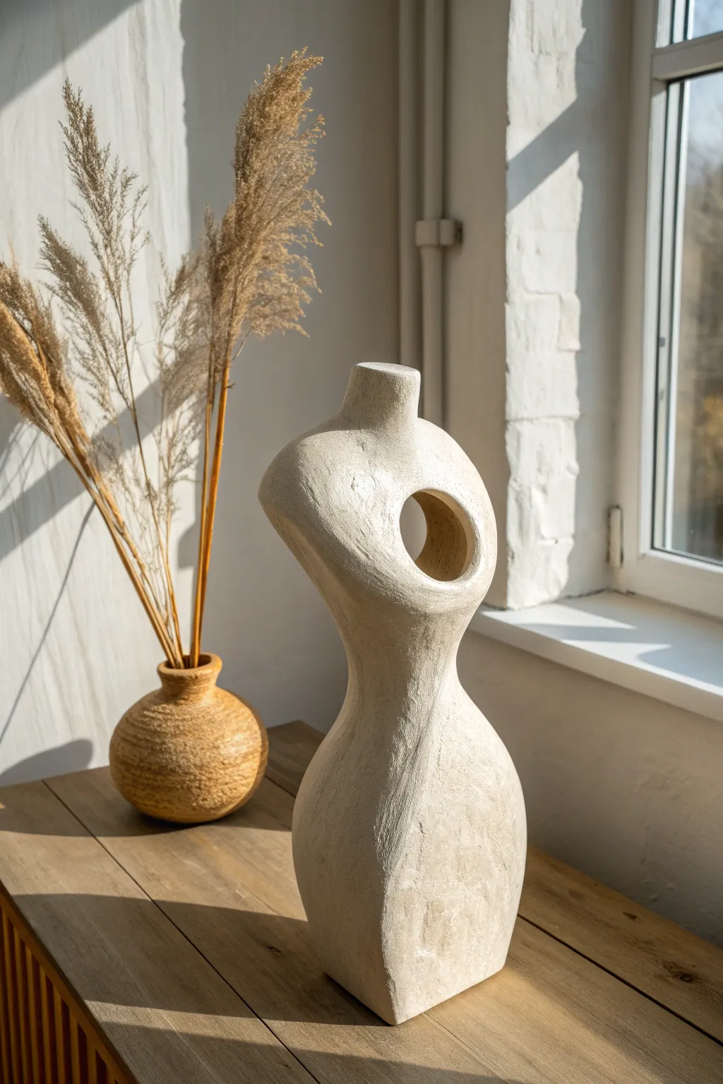 Minimal abstract clay torso with a carved void, casting a crisp shadow in soft window light