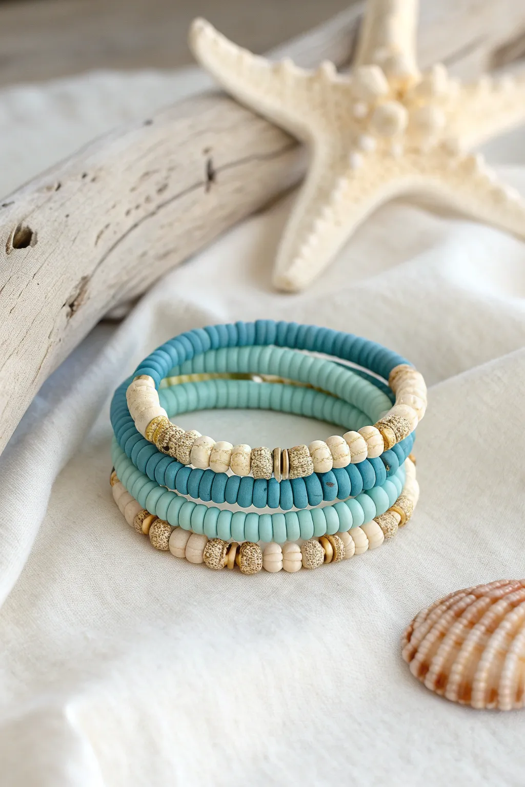 Beachy blues and sandy tones in a minimal clay heishi bracelet for an easy coastal vibe