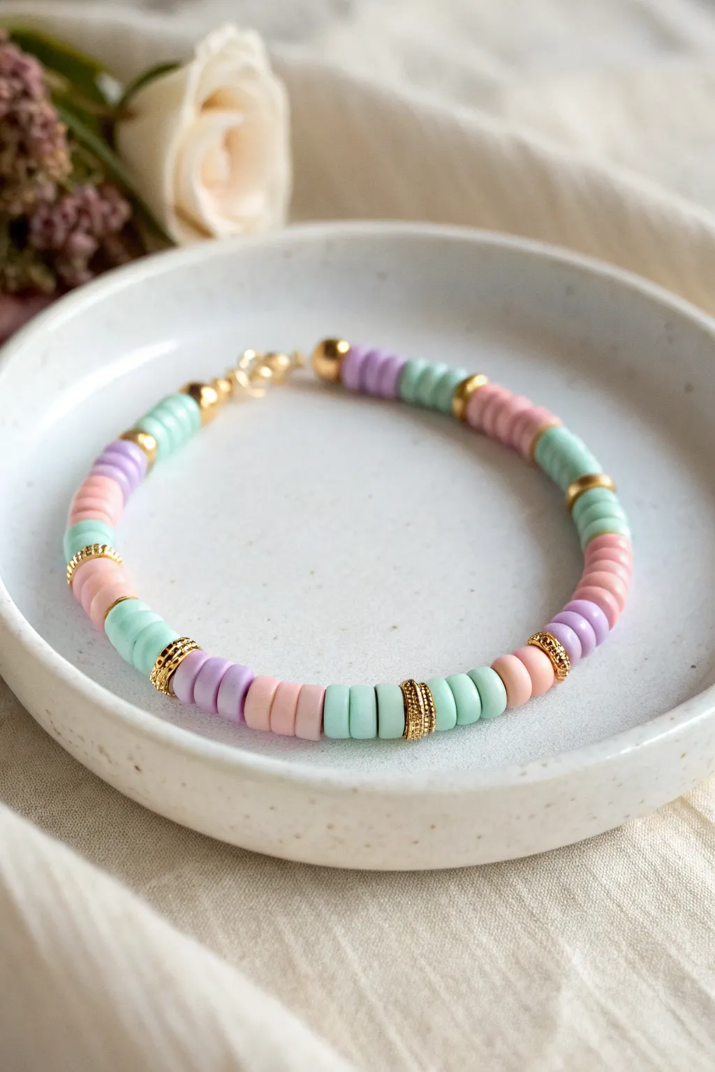 Preppy pastel heishi bracelet with delicate gold spacers for a clean, polished Pinterest look