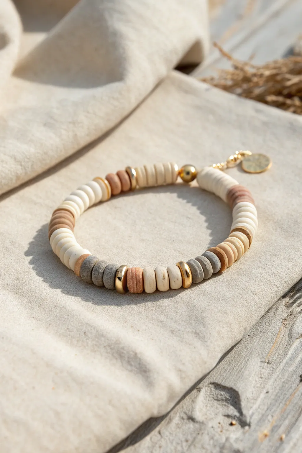 Neutral clay disc bracelet in cream, tan, and warm gray with a subtle gold accent bead