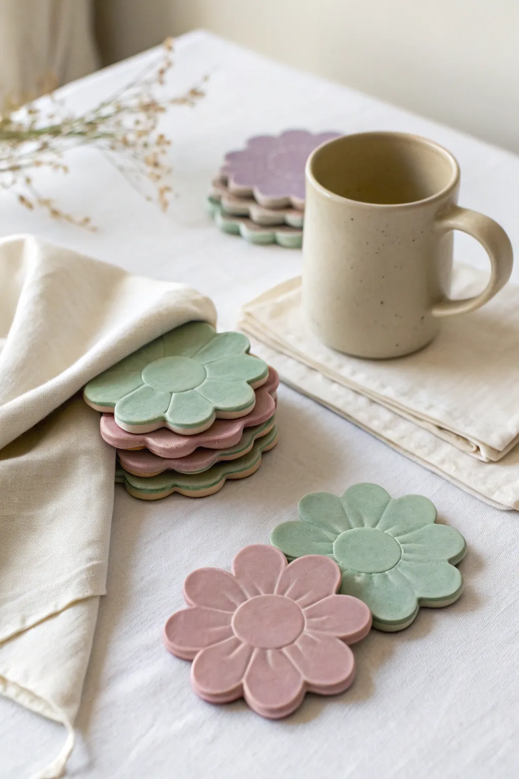 Muted pastel flower coasters stacked neatly for an easy, dreamy clay project at home.