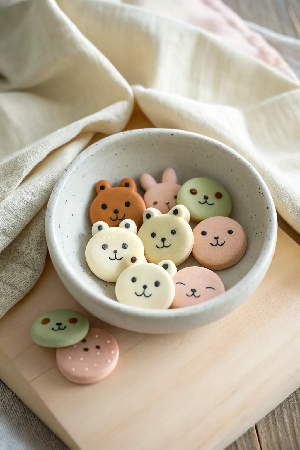 Chubby polymer clay animal charms with tiny dot eyes, styled in a simple bowl for cute decor
