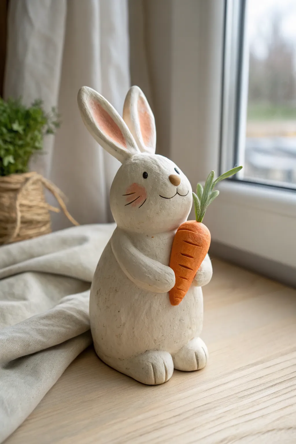 Sweet air-dry clay bunny hugging a tiny carrot, perfect beginner animal decor for shelves.