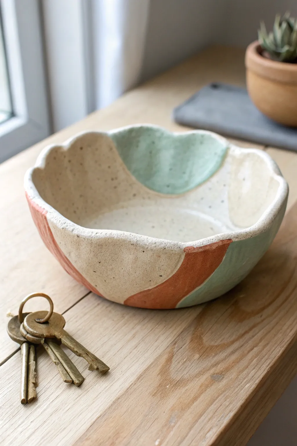 Painted pinch-pot catchall in soft color blocks, styled on light wood with keys for scale.