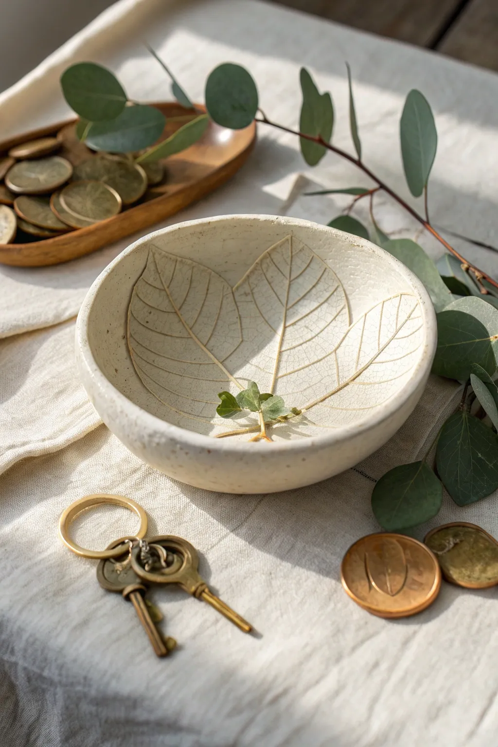 Minimal leaf-imprint air-dry clay catchall bowl, perfect for keys and little treasures.
