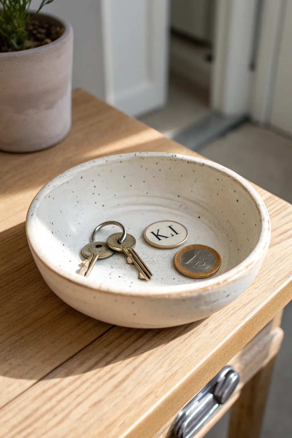 Minimal air clay catchall bowl with a stamped initial, perfect for keys and coins by the door.