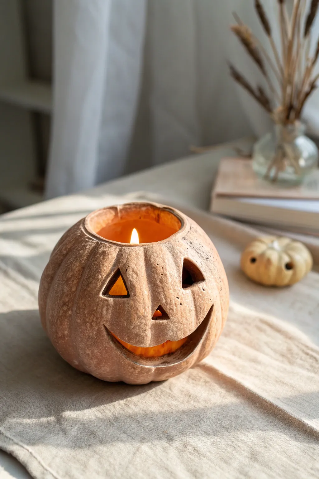 Cozy air-dry clay pumpkin tealight holder with safe battery glow for minimalist Halloween decor