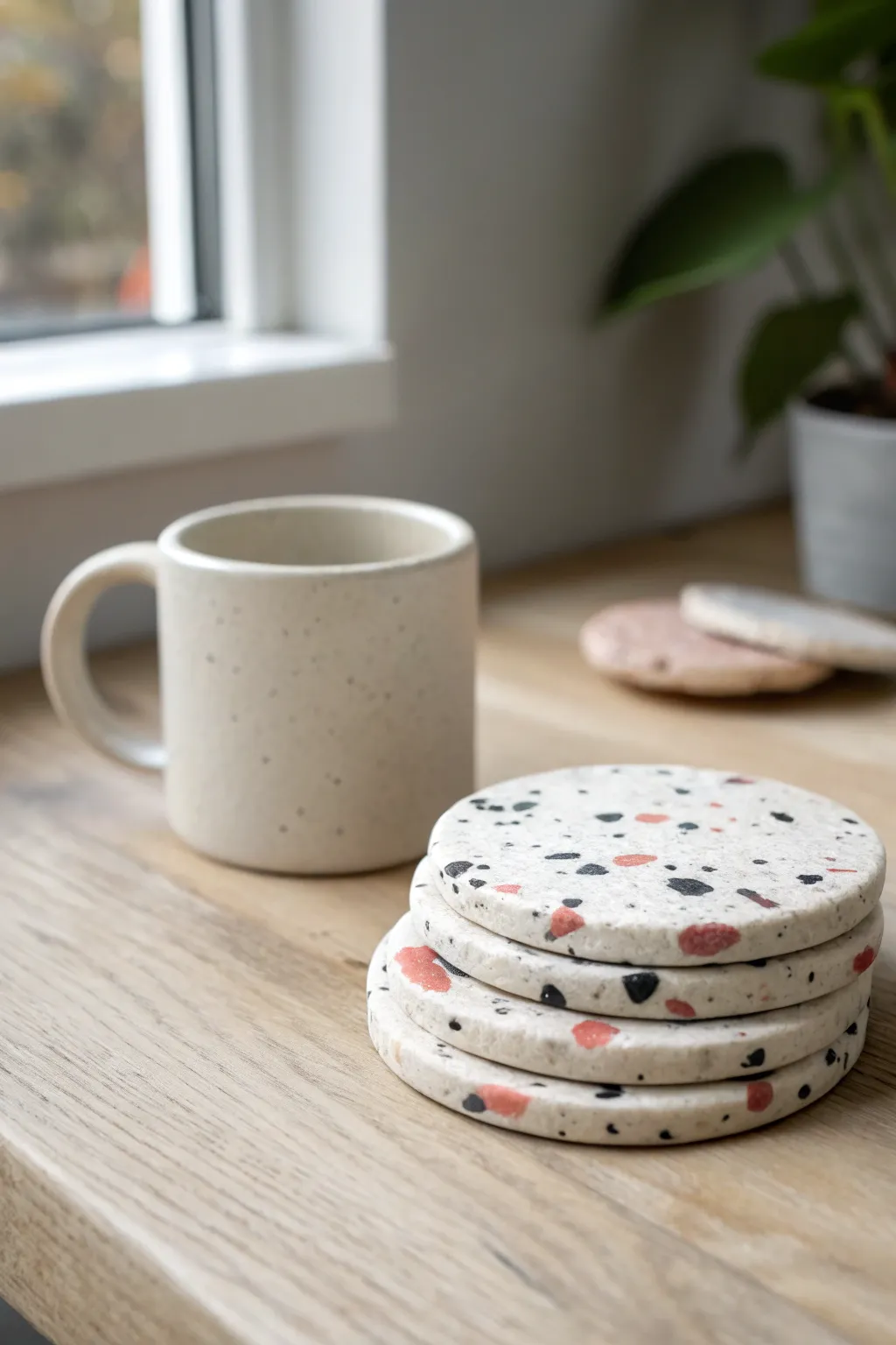 Terrazzo air-dry clay coasters in cream and blush, stacked neatly for modern coffee moments