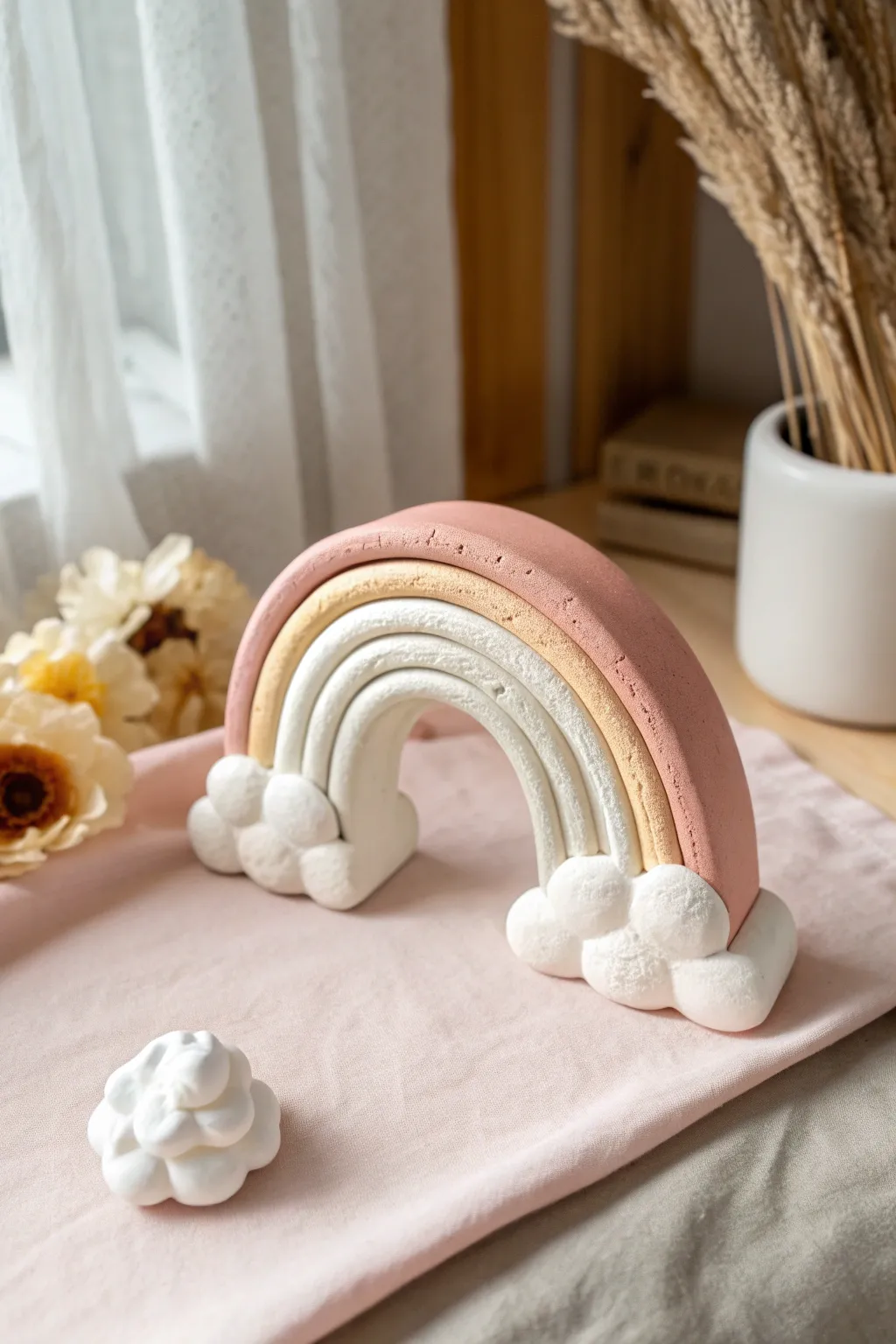 Chunky air-dry clay rainbow with puffy clouds, a bright and easy kids craft for cute shelf decor.