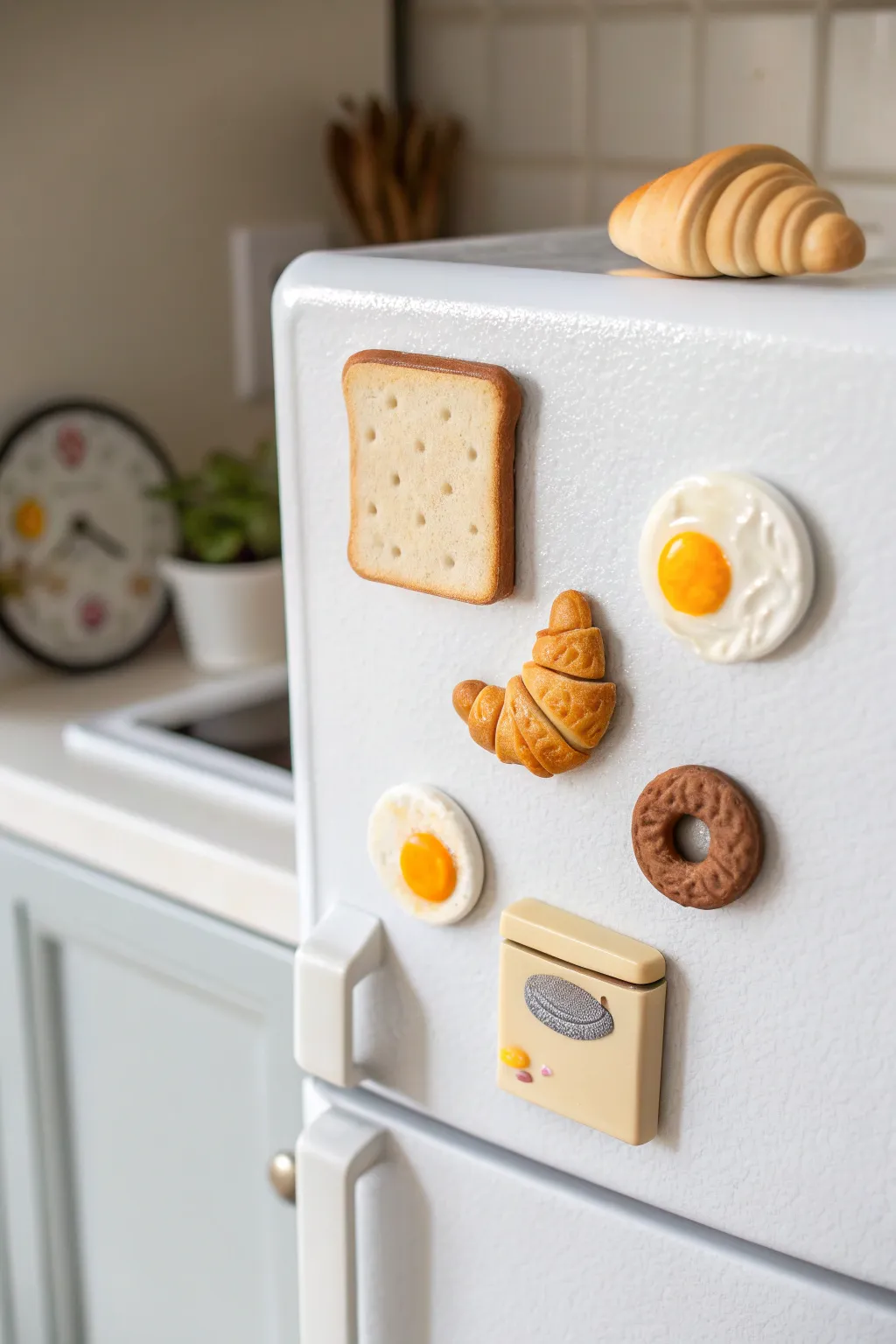 Tiny breakfast clay magnets toast egg pancakes and croissant bring cozy fridge charm.