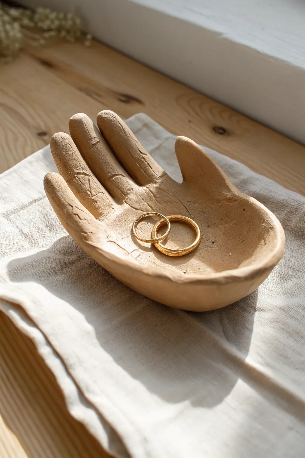 Palm-shaped air clay trinket dish in sandy beige, softly cradling rings with cozy minimal style.