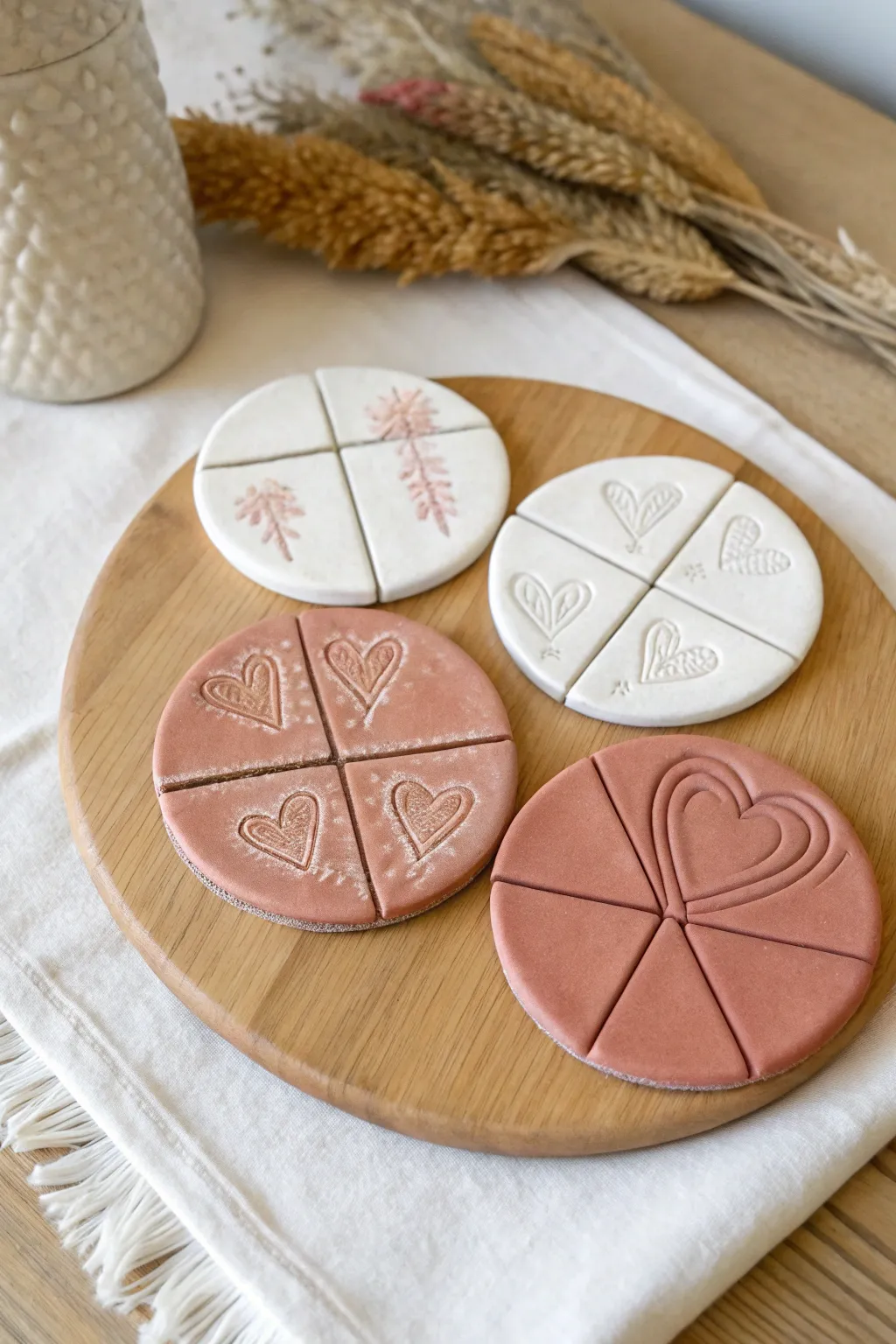 A sweet matching coaster set with hearts and hands, minimal and handmade for cozy date nights.