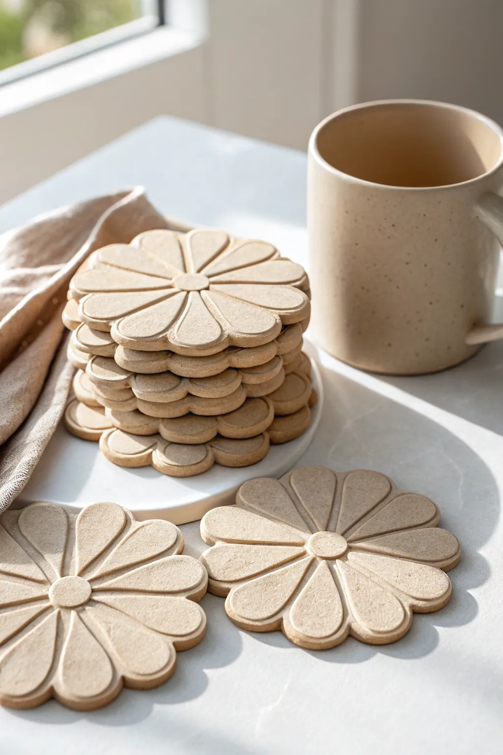 Simple daisy air dry clay coasters stacked in neutrals, perfect for cozy minimalist home decor.