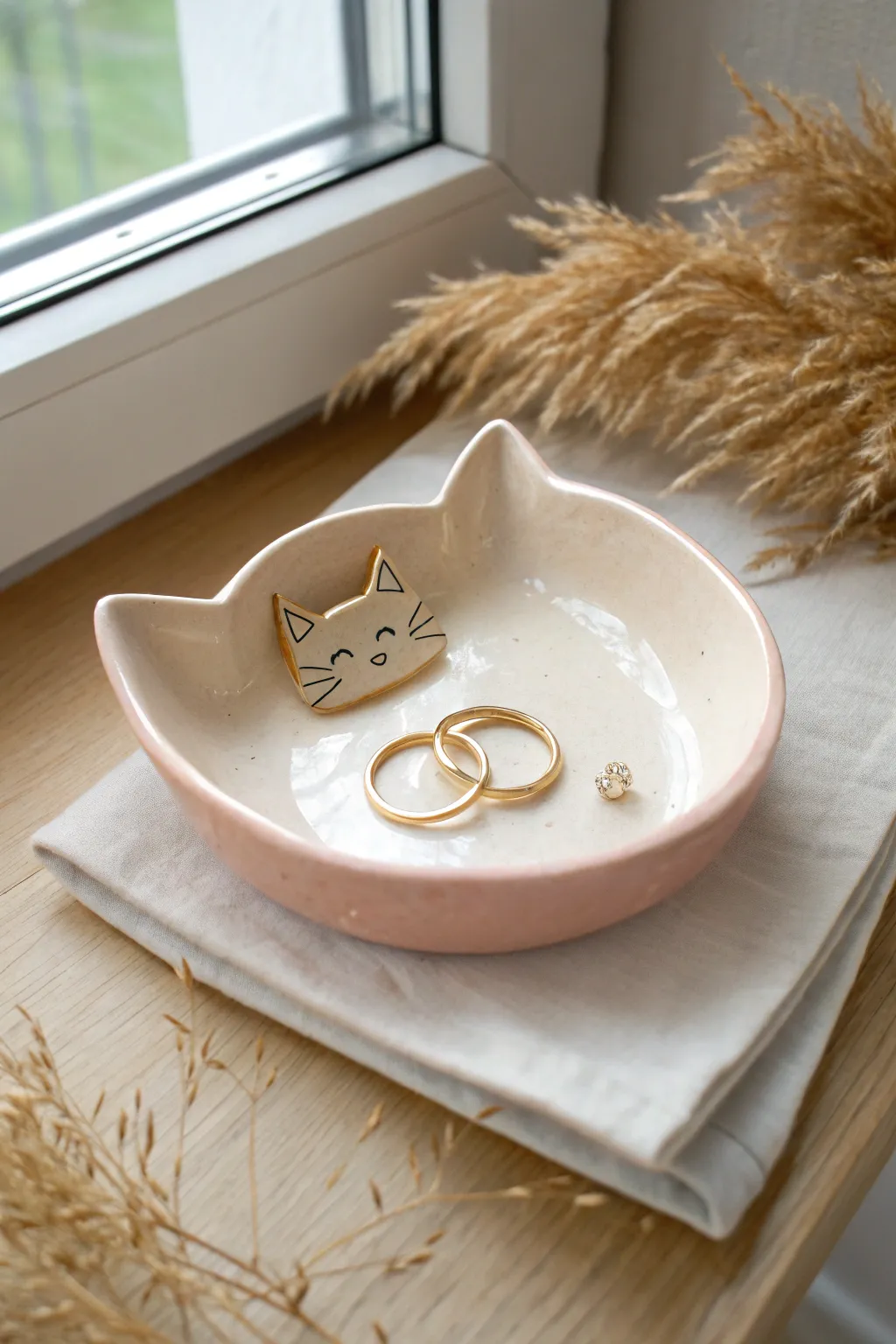 Minimalist cat face trinket dish in air dry clay, perfect for rings and tiny earrings.