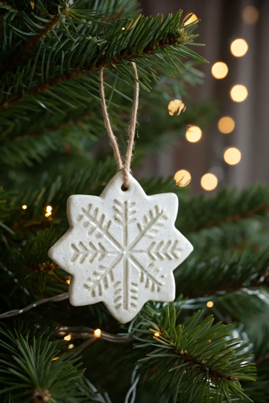 Hand-stamped white clay snowflake ornament, glowing on a cozy minimalist Christmas tree.