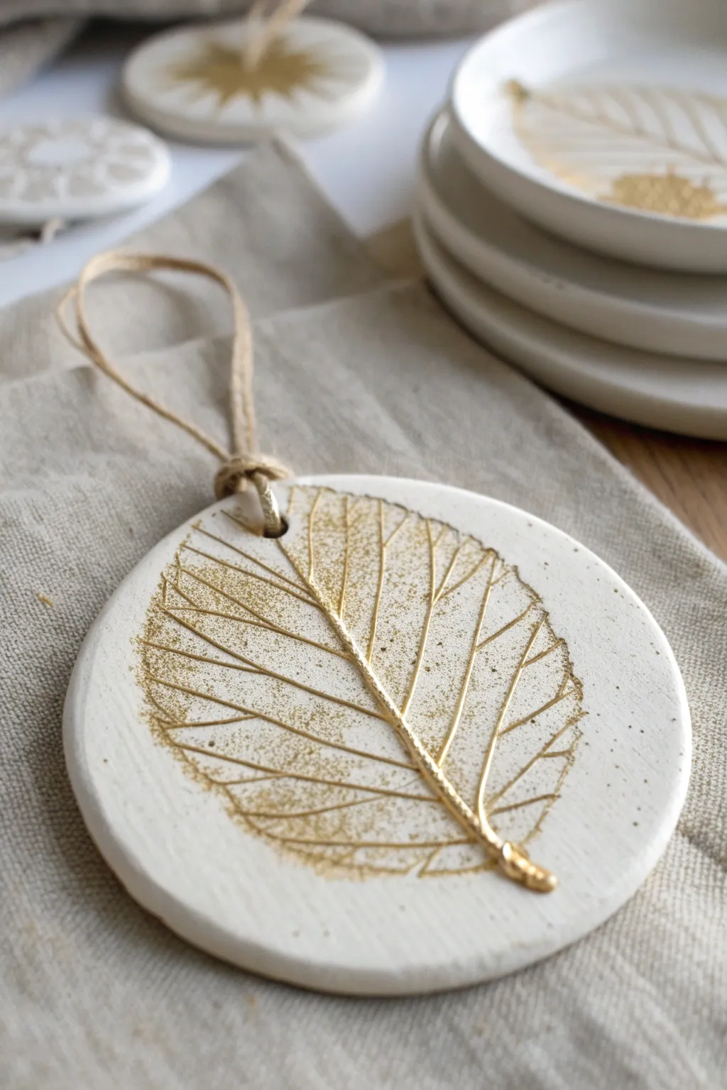 Leaf-vein fossil clay disc ornament with soft gold highlights, minimalist and handmade for Christmas.