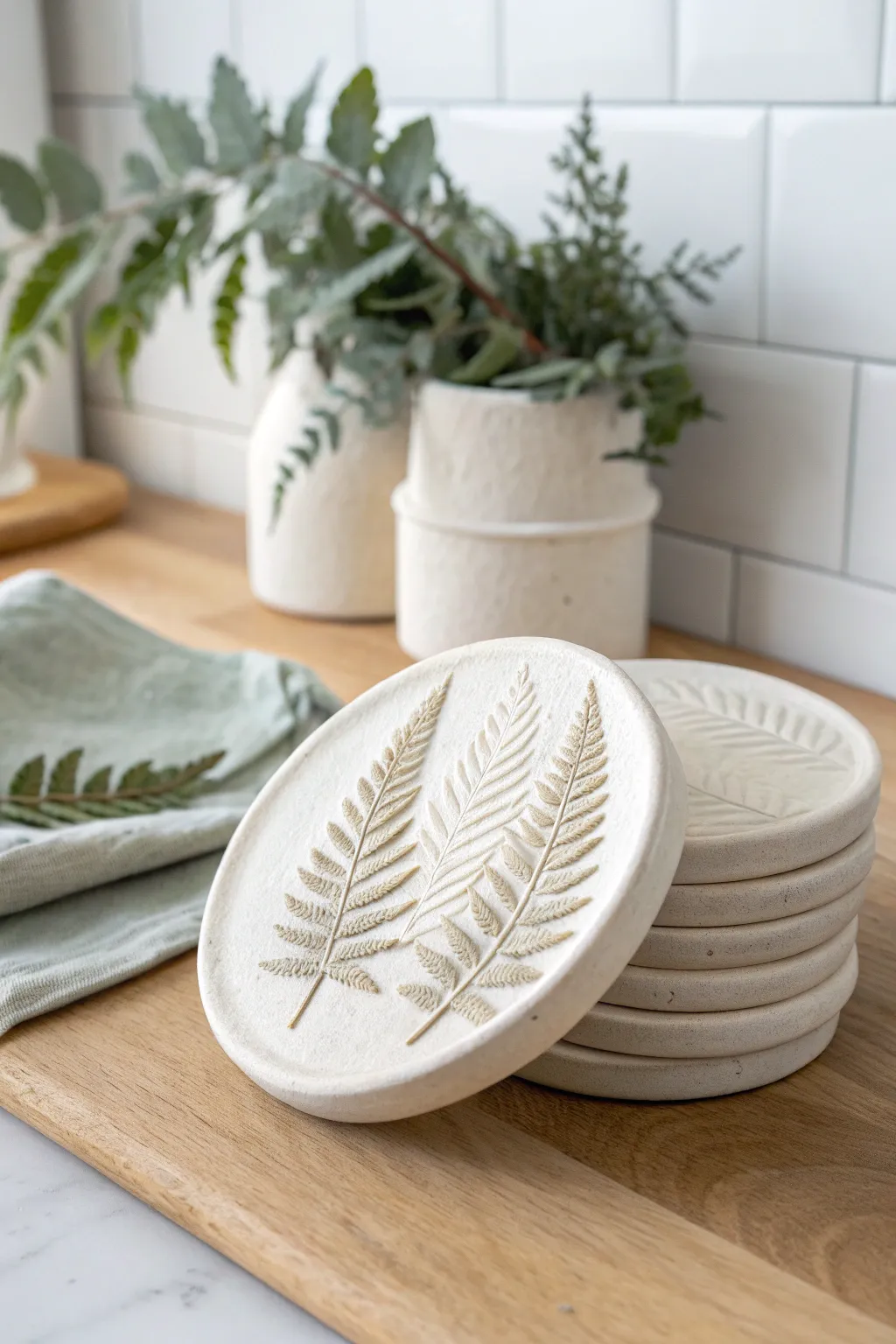 Minimalist fern-imprint air-dry clay coasters in a neat stack, textured and naturally chic.