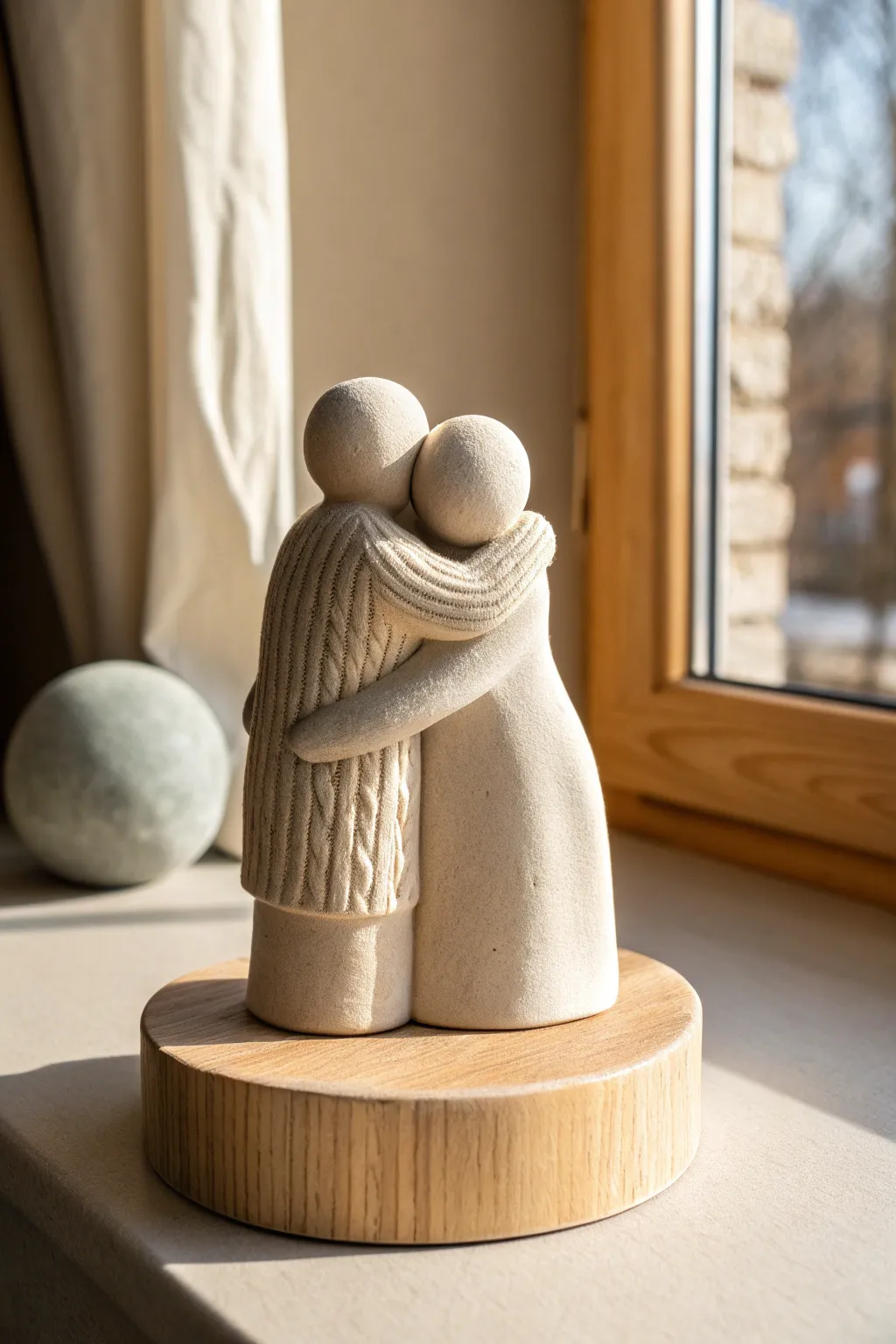 Minimalist air dry clay couple in a warm hug, an easy cozy keepsake for your shelf.
