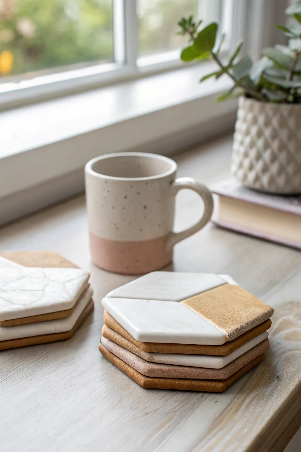 Minimal geometric air-dry clay coaster stack with soft marbling for a cozy coffee corner