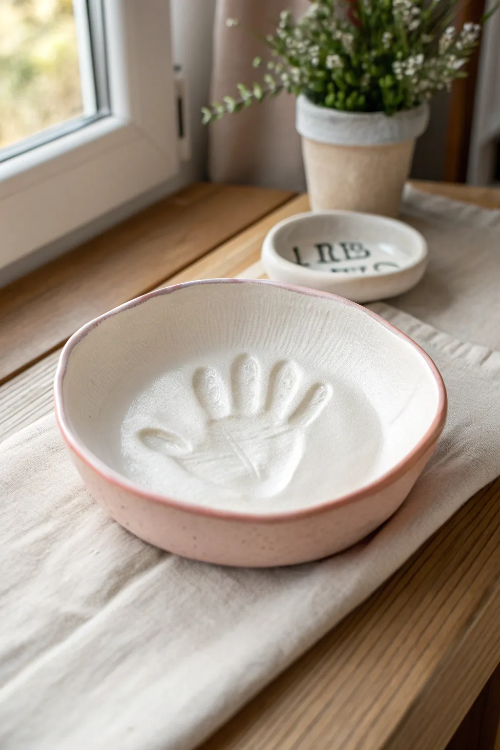 Sweet air dry clay handprint dish keepsake, soft blush rim and cozy Scandinavian styling.