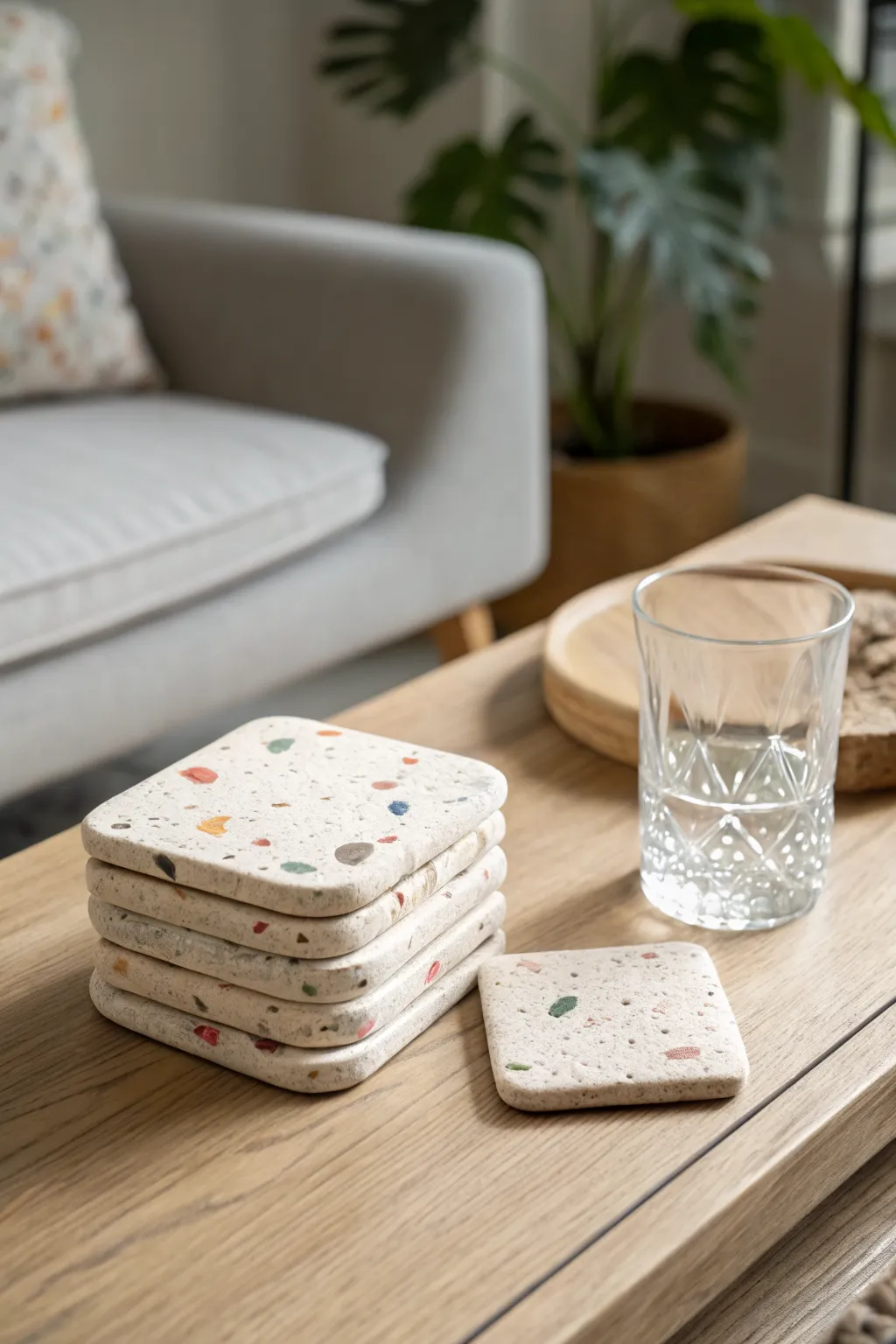 Terrazzo-speckled air dry clay coasters add a playful pop to a calm Scandinavian coffee table.