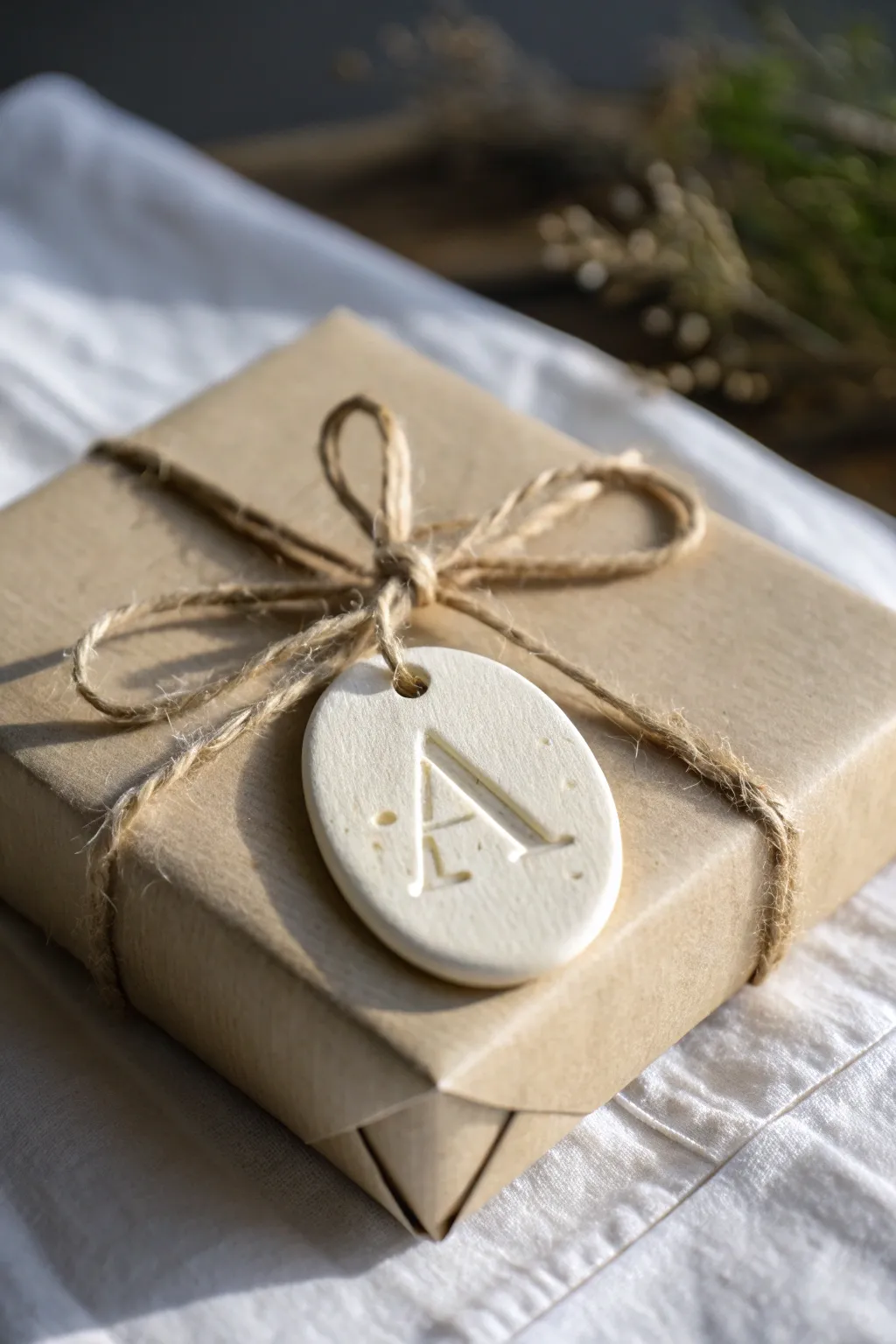 Minimal clay initial tag tied with twine, a soft neutral detail that elevates simple gift wrap.