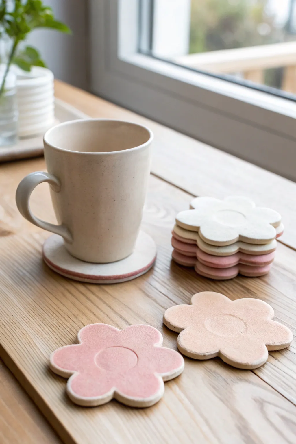 Simple flower-shaped air dry clay coasters in soft pastels, styled on light wood for a cozy look.