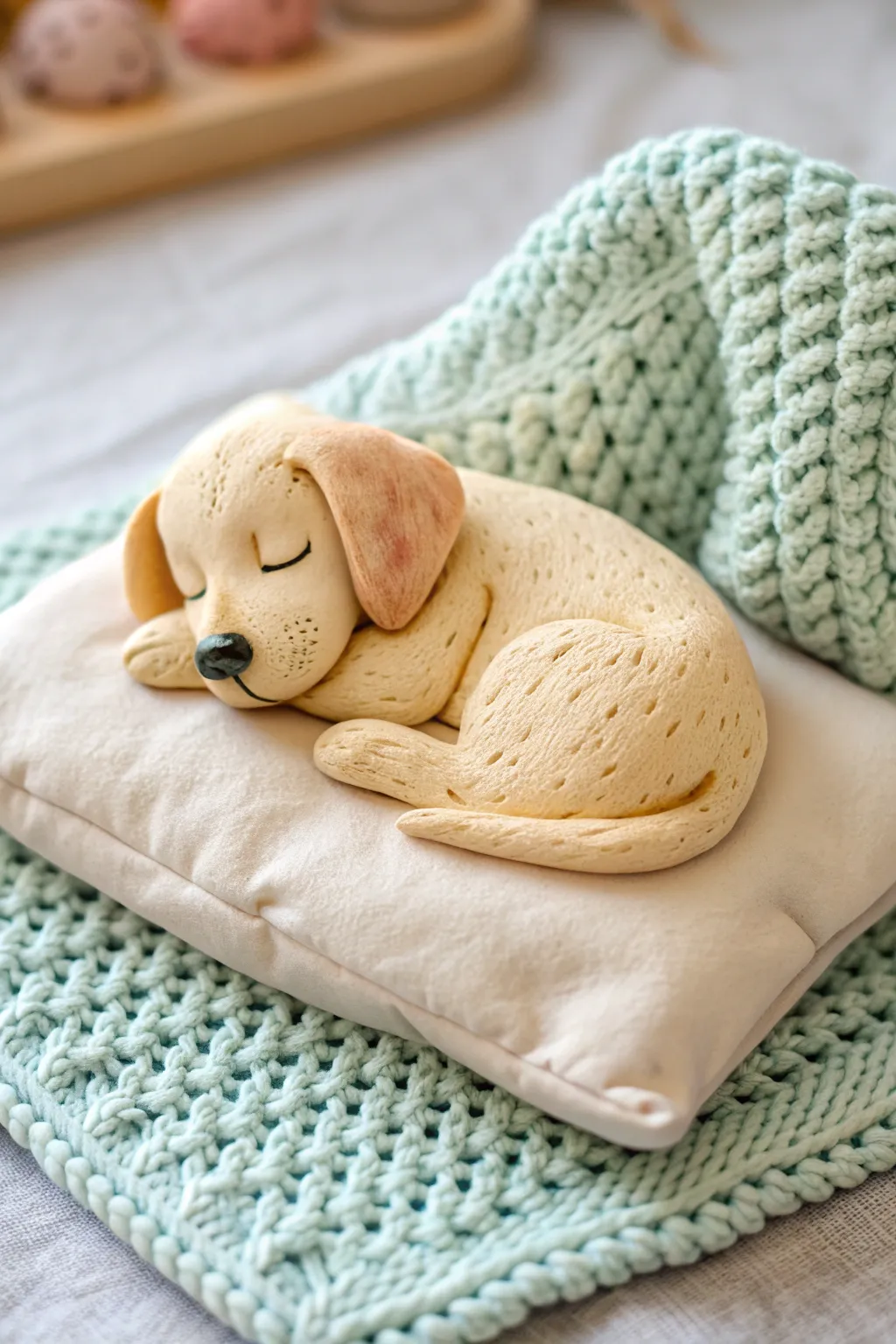 Sleepy air-dry clay dog curled on a tiny pillow, minimalist pastel decor with cozy boho charm.