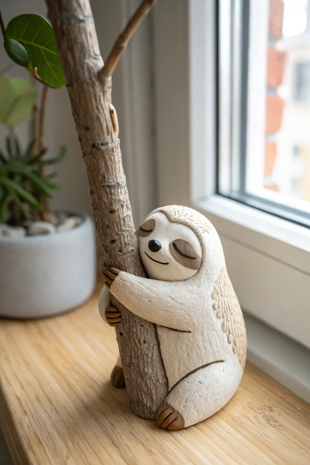 Sleepy sloth figurine hugging a branch, simple matte air dry clay charm for cozy decor