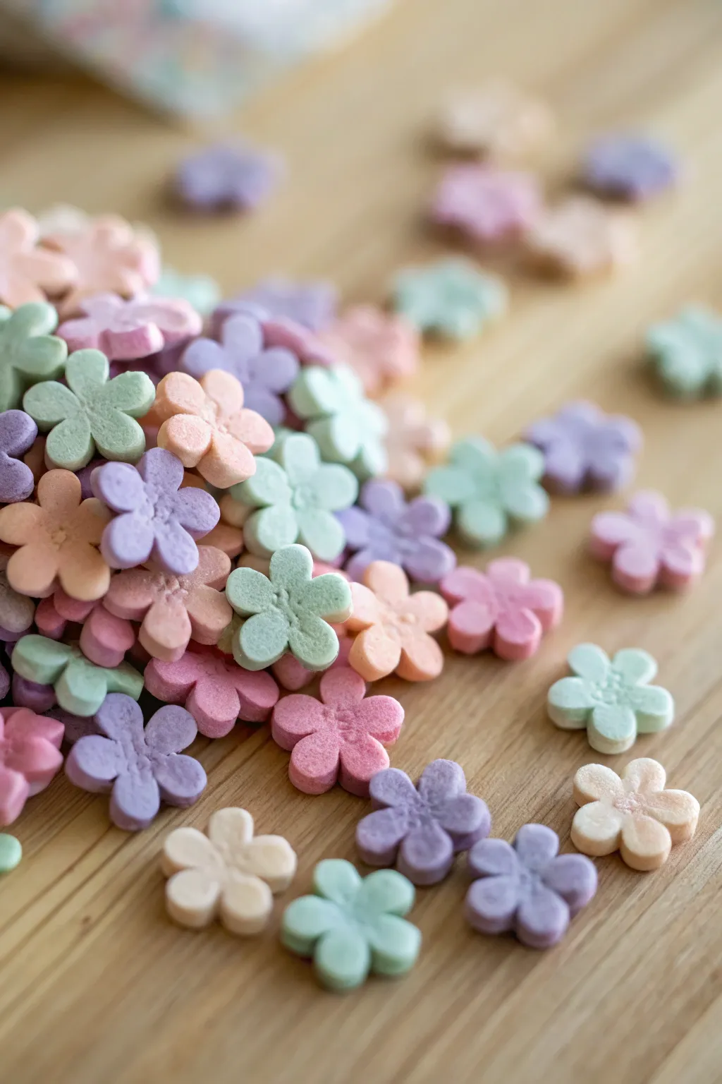 Tiny five-petal pastel clay blossoms scattered like confetti for sweet minimalist decor.