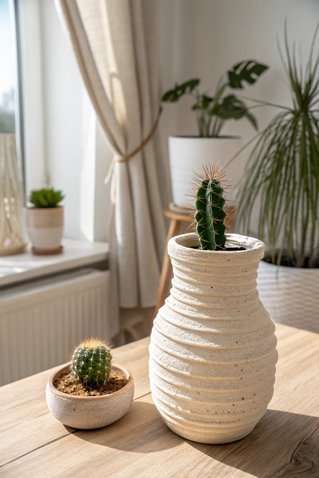 Coil-built air-dry clay pot with soft ridges, styled with a petite cactus in calm Nordic light.