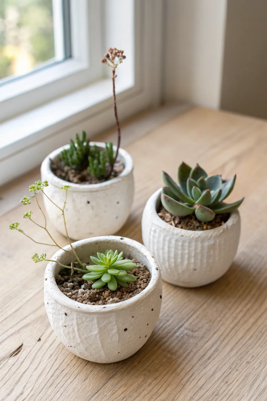 Tiny pinch-pot set: one bud vase and two mini succulent planters in airy, minimal style.
