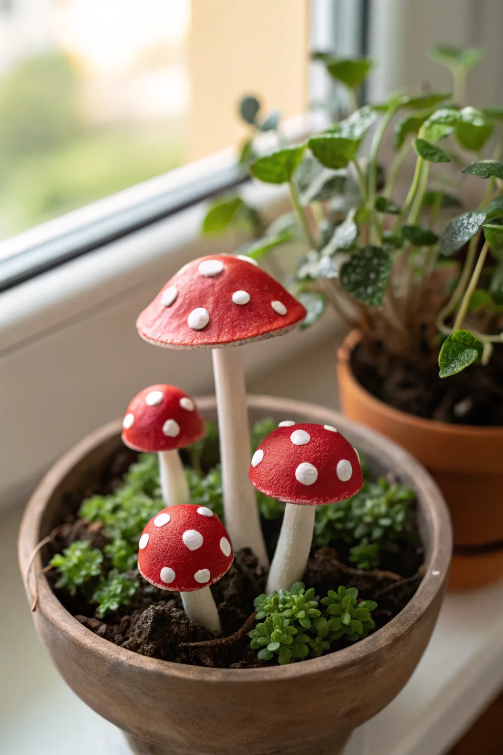 Bright red toadstool mushroom stakes add a sweet fairy garden touch to any leafy planter