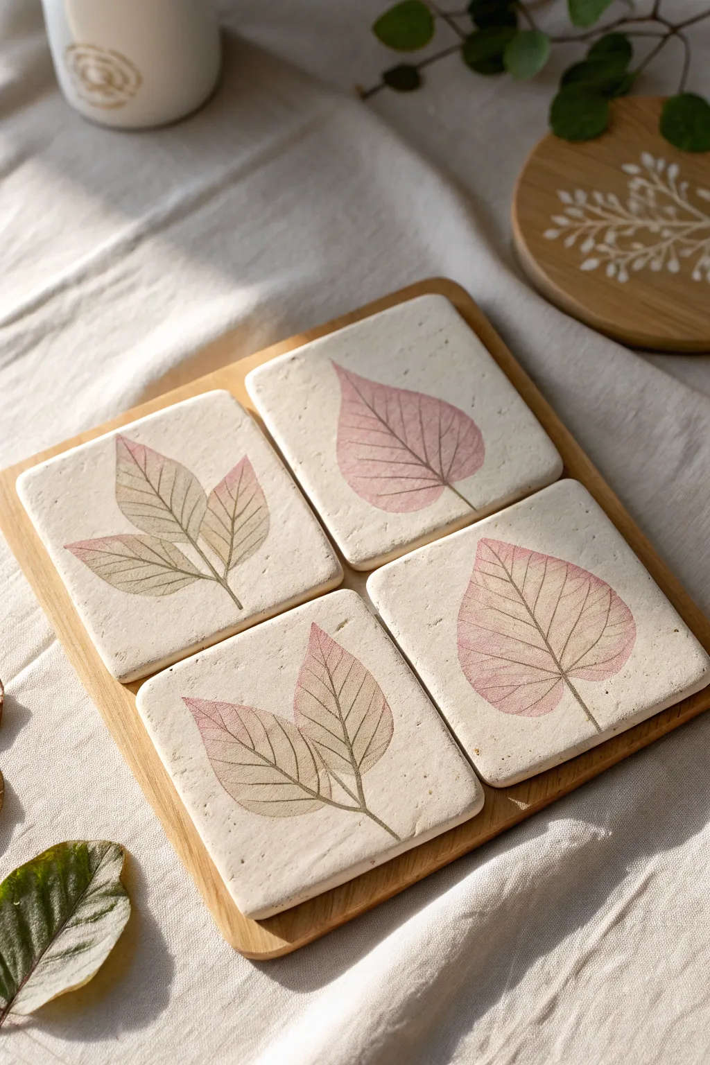 Leaf-imprint air-dry clay coaster set with a soft color wash, minimalist Scandinavian calm.