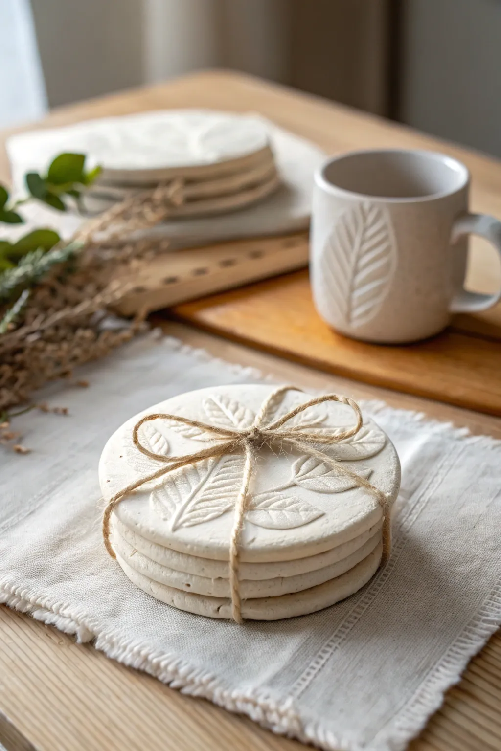 Botanical-stamped air dry clay coasters bundled with twine, a cozy minimalist gift set.