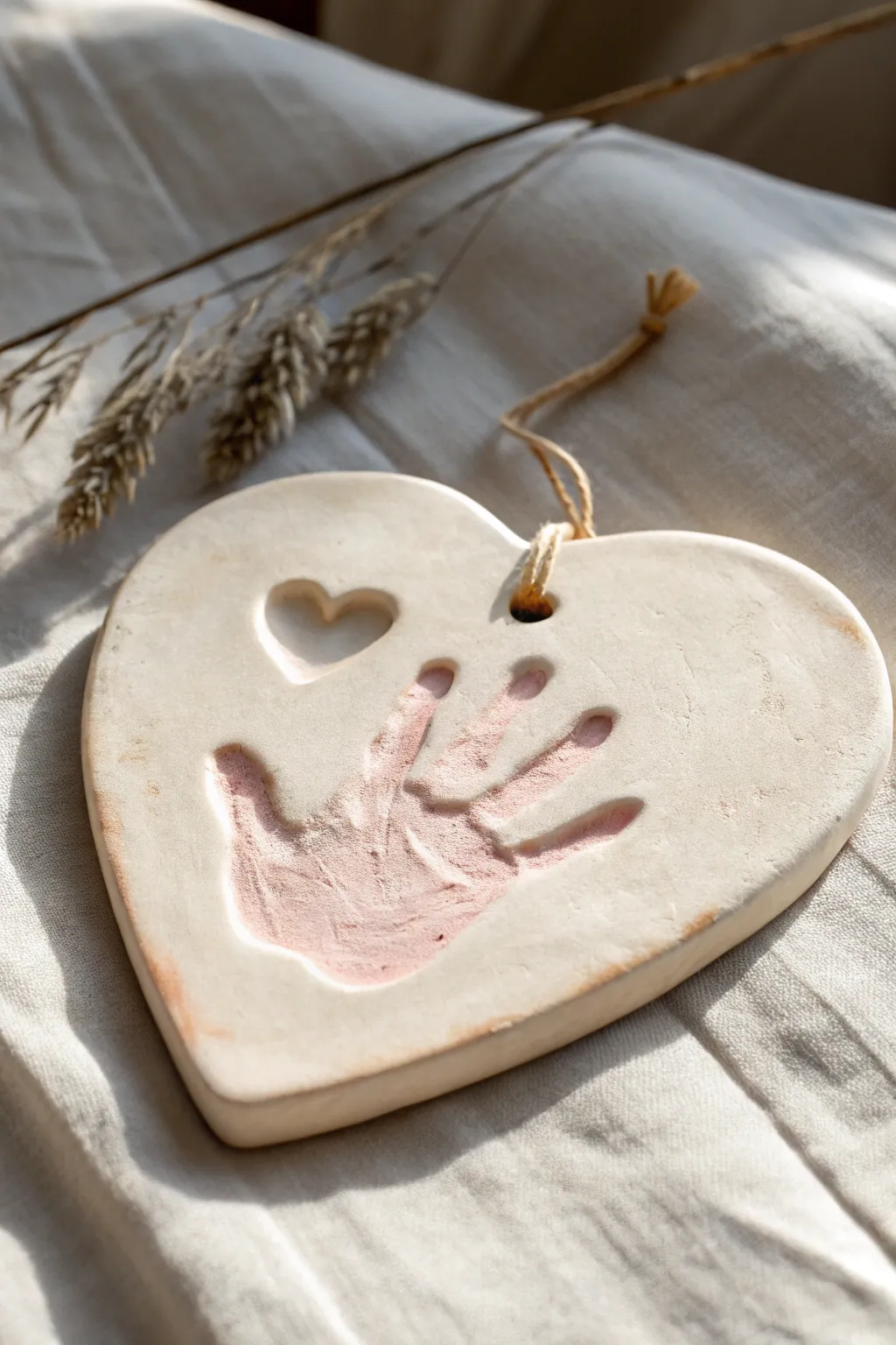 Heart-shaped air-dry clay handprint keepsake with a soft blush wash, minimal and timeless.