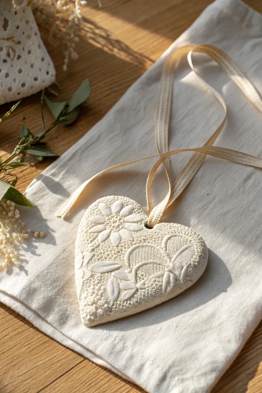 Lace-impressed air dry clay heart keepsake with ribbon loop in soft Scandinavian neutrals.