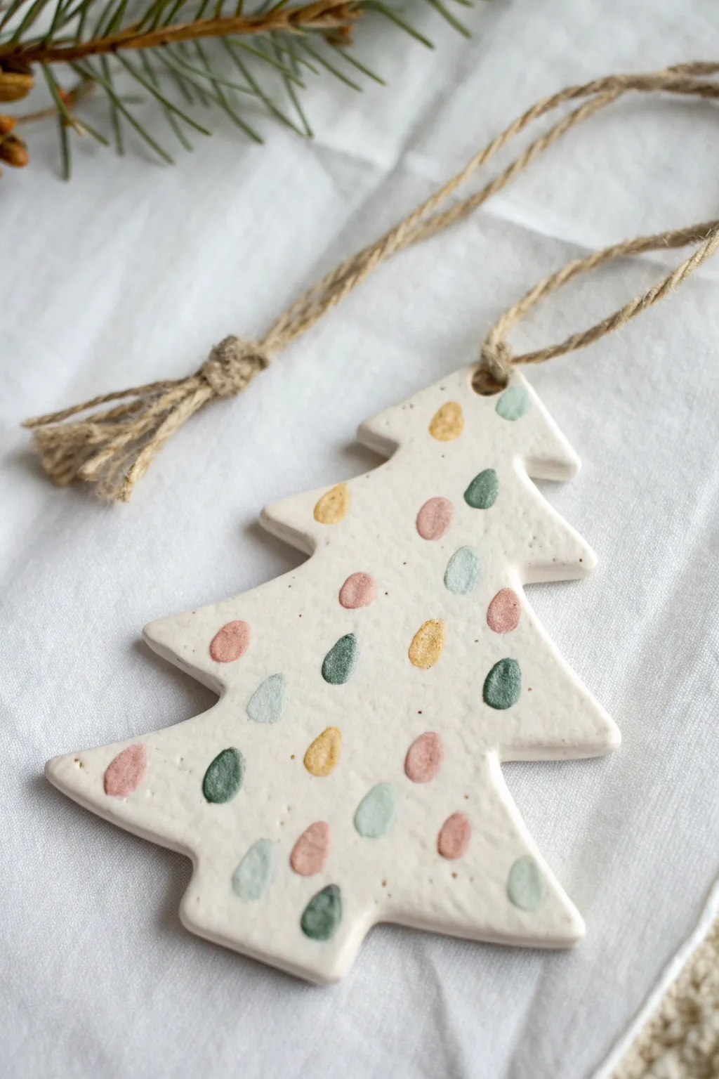 Handmade air-dry clay fingerprint tree ornament with pastel lights, a sweet family keepsake