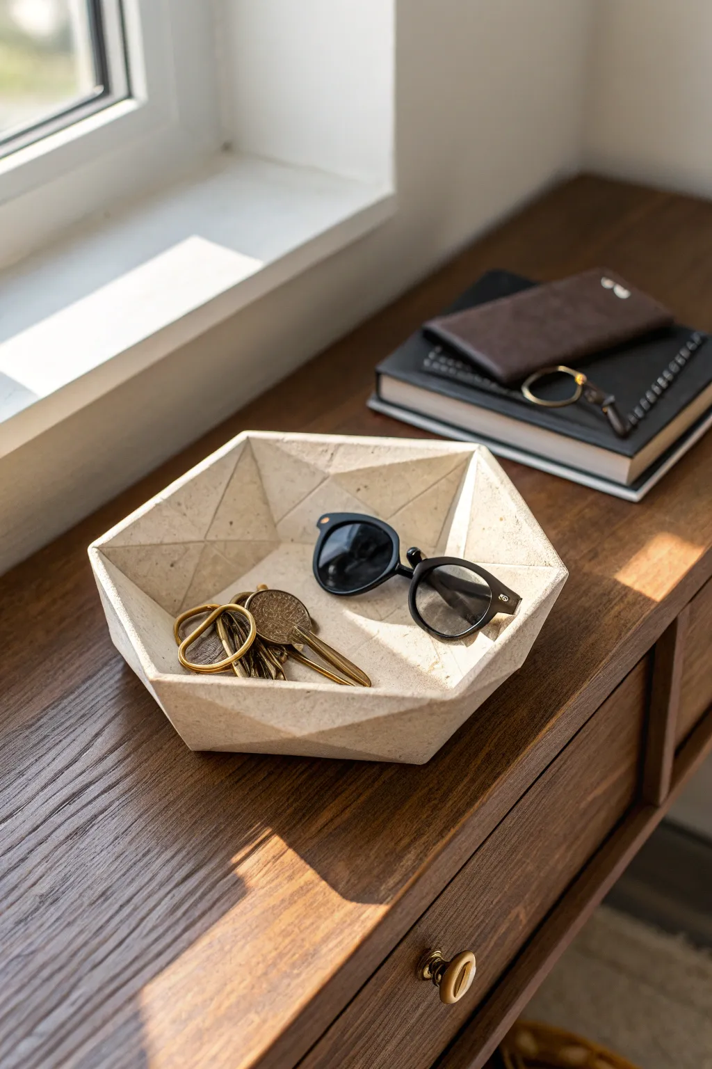 Warm stone geometric air dry clay tray keeps keys and sunnies tidy with minimalist charm.