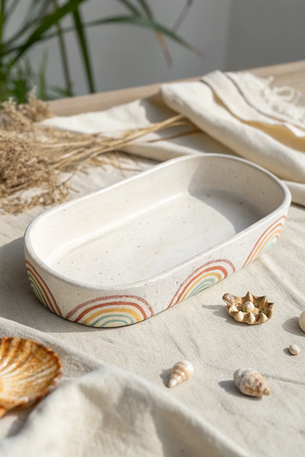 Minimal arched clay jewelry tray with soft pastel edge, a calm Scandinavian boho touch.