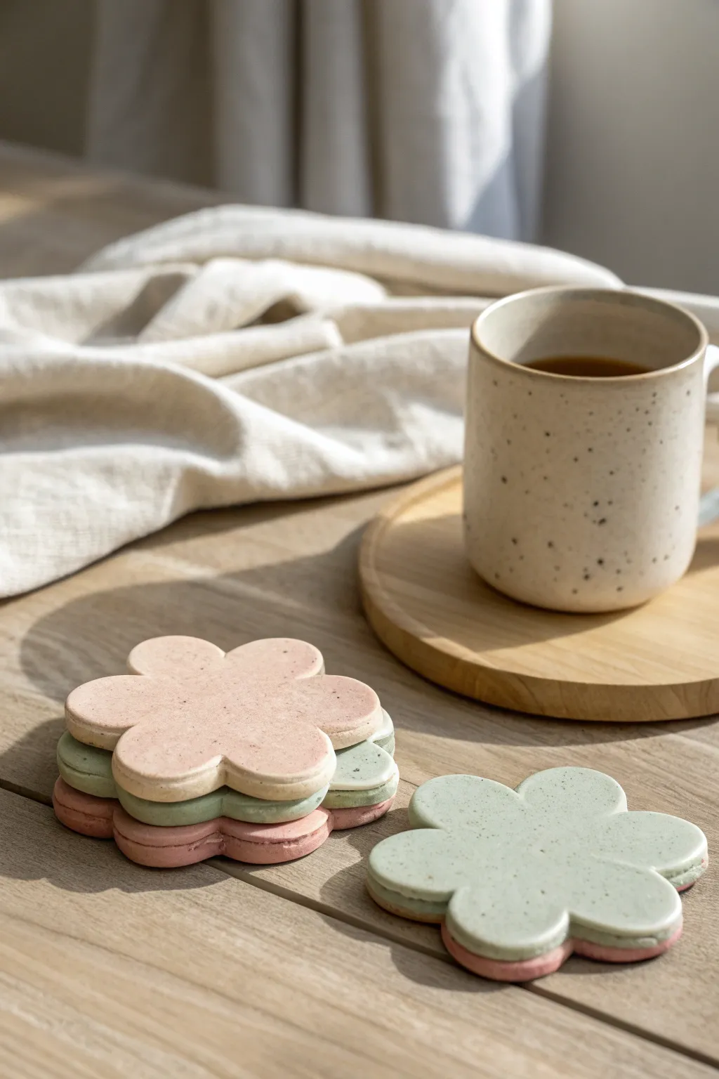 Flower-shaped air dry clay coasters in soft pastels, stacked neatly for a cozy coffee table.